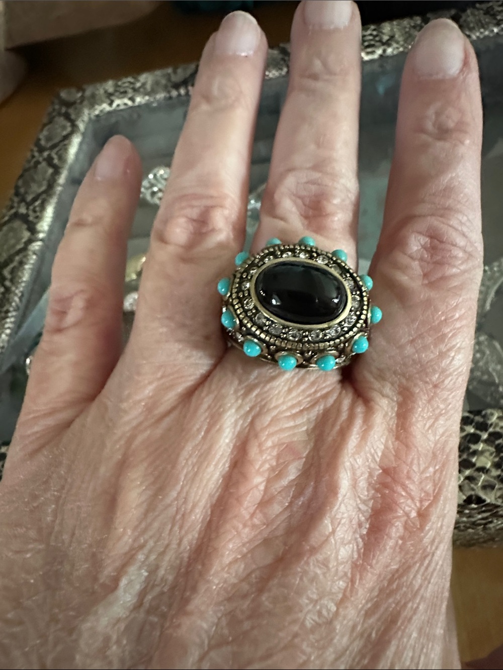 Heidi Daus Rhapsody In Hues Black Onyx & Turquoise Statement Ring Size 9